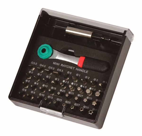 Picture of Mini Ratchet Wrench Set, 38pcs (72 teeth)
Contents: 
36  Bits, 19mmL: (AISI S2)
      SL3.0, 4.0, 5.5, 6.5
      961-11-01931/43/52/61
      PH0*1, 1*1, 2*2, 3*1    
      962-11-0190/1/2/3
      PZ0, 1, 2, 3    
      963-11-0190/1/2/3
      TX8, 9, 10, 15, 20, 25, 27, 30, 40  
      964-11-01908/09/10/15/20/25/27/30/40
      TH8, 9, 10, 15, 20, 25, 27, 30, 40  
      965-11-01908/09/10/15/20/25/27/30/40
      HX2.5, 3.0, 4.0, 5.0, 6.0
      966-11-019025/030/040/050/060
  1  Universal Bit Holder (967-21-2-06014)
  1  Mini Ratchet handle, 1/4" Hex 
     (161-22-01-97)
each in blister sliding card.
