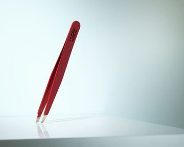 Picture of High-quality cosmetic tweezers made of red epoxy-coated stainless steel in classic design with slanted tips Rubis