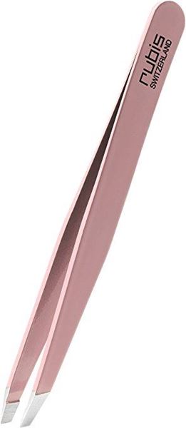 Picture of High-quality cosmetic tweezers made of pink epoxy-coated stainless steel in classic design with slanted tips Rubis