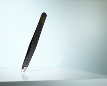 Picture of High-quality cosmetic tweezers made of black epoxy-coated stainless steel in classic design with slanted tips