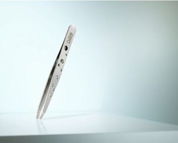 Picture of High-quality cosmetic tweezers made of rustproof stainless steel in an elegant perforated design with fine straight tips.