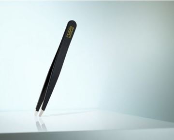 Picture of High-quality cosmetic tweezers made of black epoxy-coated stainless steel in classic design with fine straight tips.