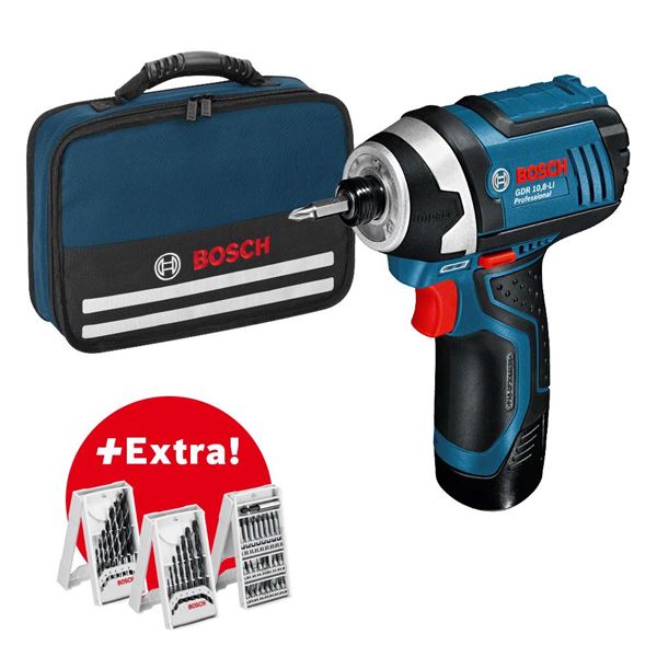 תמונה של מברגה אימפקט 12V סוללה 2Ah ליתיום בתיק בד כולל 3 סטים מקדחים וביטים בוש גרמניה