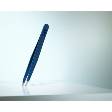 Picture of High-quality cosmetic tweezers made of blue epoxy-coated stainless steel in classic design with slanted tips