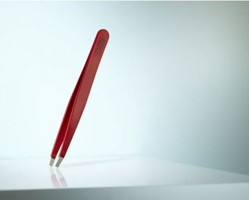 Picture of High-quality cosmetic tweezers made of red epoxy-coated stainless steel in classic design with fine straight tips.
