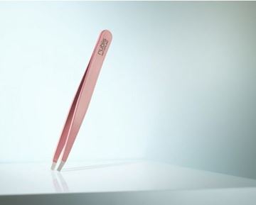 Picture of High-quality cosmetic tweezers made of pink epoxy-coated stainless steel in classic design with fine straight tips.