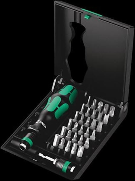 Picture of Application: 1 Kraftform bitholding screwdriver 816 R with Rapidaptor quick-release chuck, 1 universal bit holder 889/4 1 K Rapidaptor.
Handle: Kraftform with non-roll feature, multi-component.
Design: Hard plastic case, 32-piece set.
The handle/interchangeable blade system permits rapid exchange of the blades needed for a wide range of applications.
The tools can be stored and carried in a hard plastic case for easy tool access.
The sets come with a Kraftform handle, quick-release chuck and bits for manual and power tool operations.
Rapid-in and self-lock, Rapid-out, Chuck-all, Single-hand function.
There are no limitations to the industrial applications they are suitable for.