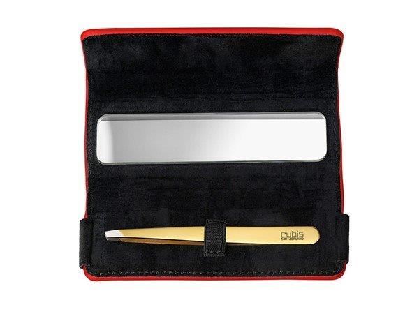 Picture of Genuine red leather case with mirror and clips gold shiny classic RUBIS