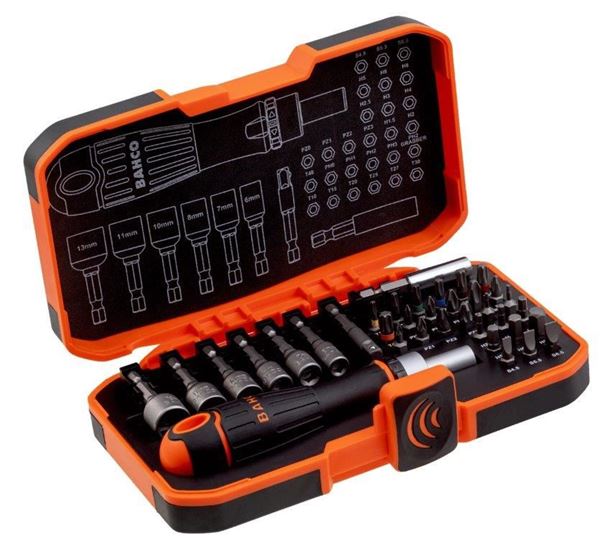 Picture of 1/4" Heavy-Duty Bit Set for Nut Drivers & Slotted/Phillips/Pozidriv/Torx®/Hex Bits with Ratcheting Screwdriver Holder - 36 pcs BAHCO
