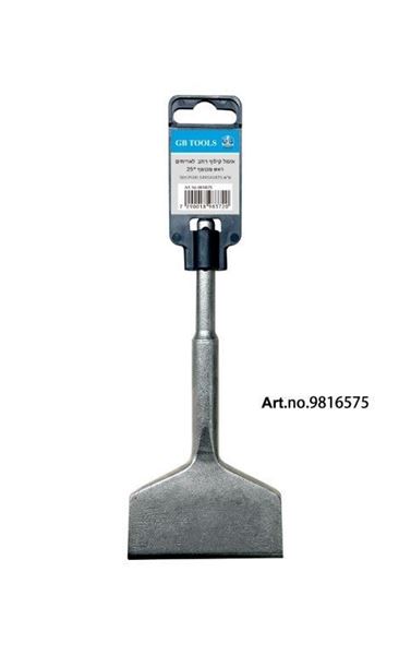 Picture of SDS-PLUS Tile Chisel (Bent)
size: 14*165*75mm 
material: 40Cr, sand blasted