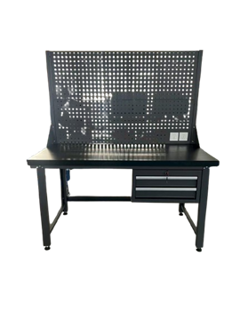 תמונה של שולחן עבודה מקצועי הכולל עם מגירות צד ולוח תליה מחורר 