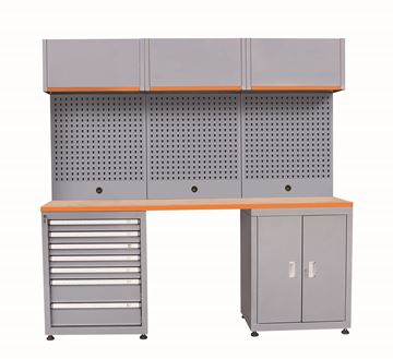תמונה של עמדת עבודה כולל עגלת כלים 7 ארון צד, לוח תלייה מחורר ו 3 ארונות איחסון 