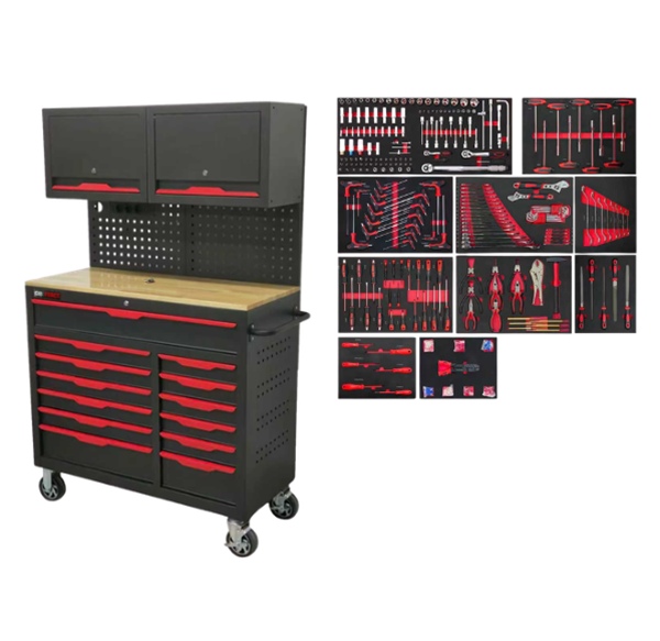 תמונה של עגלת כלים 13 מגירות +471 כלים וכולל לוח מחורר וארונות מחוברים לאחסון