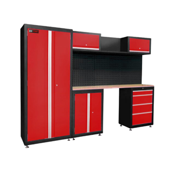 תמונה של עמדת עבודה + 2 יחידות אחסון עליונות  + 3 לוחות גדולים לתליית כלים +  עגלת כלים צדדית + יחידת אחסון עם דלתות נפתחות + ארון גדול לאחסון